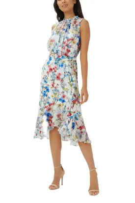 Adrianna Papell Crew Neck Back Zipper Sleeveless Floral Chiffon Midi Dress by Curated Brands