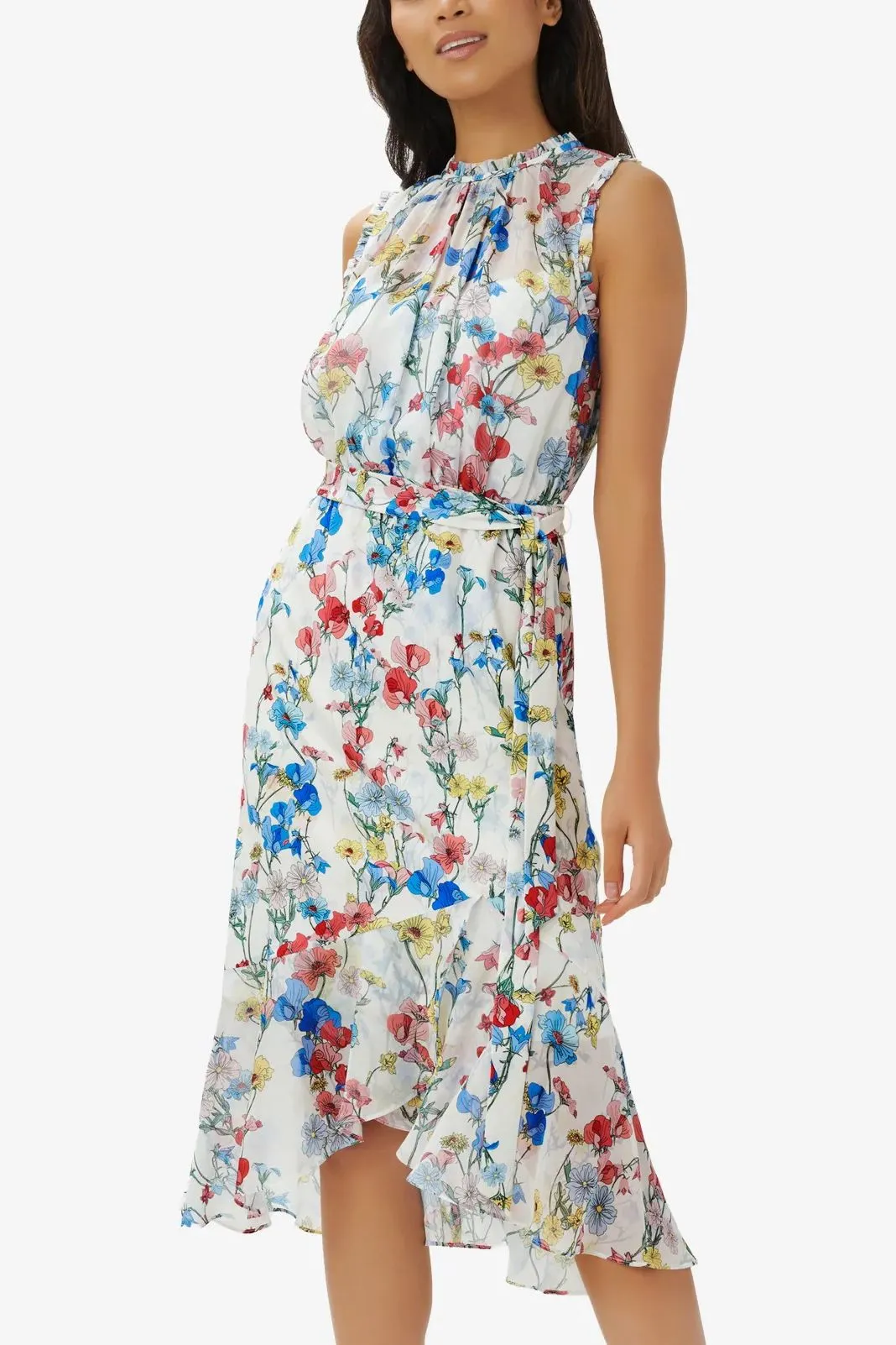 Adrianna Papell Crew Neck Back Zipper Sleeveless Floral Chiffon Midi Dress by Curated Brands