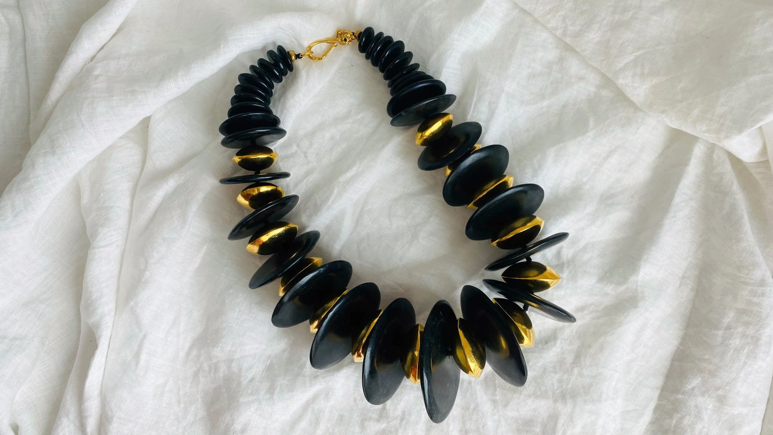 Black Jade & Vermeil Necklace. 24kt Gold Plated Silver and Mayan Black Jade.