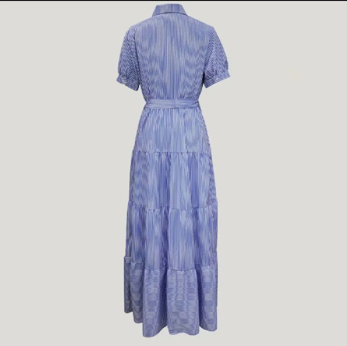 Classic Striped Print Collared Neck Tiered Maxi Dress-Blue/White