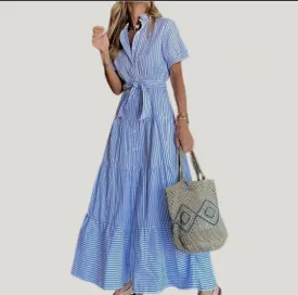 Classic Striped Print Collared Neck Tiered Maxi Dress-Blue/White