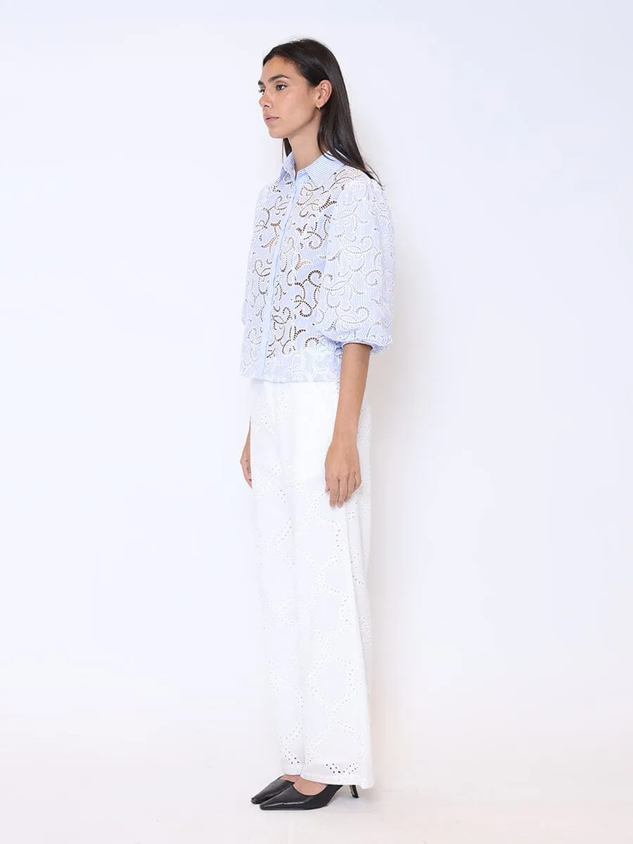 Floral Lace Puff Sleeve Striped Shirt