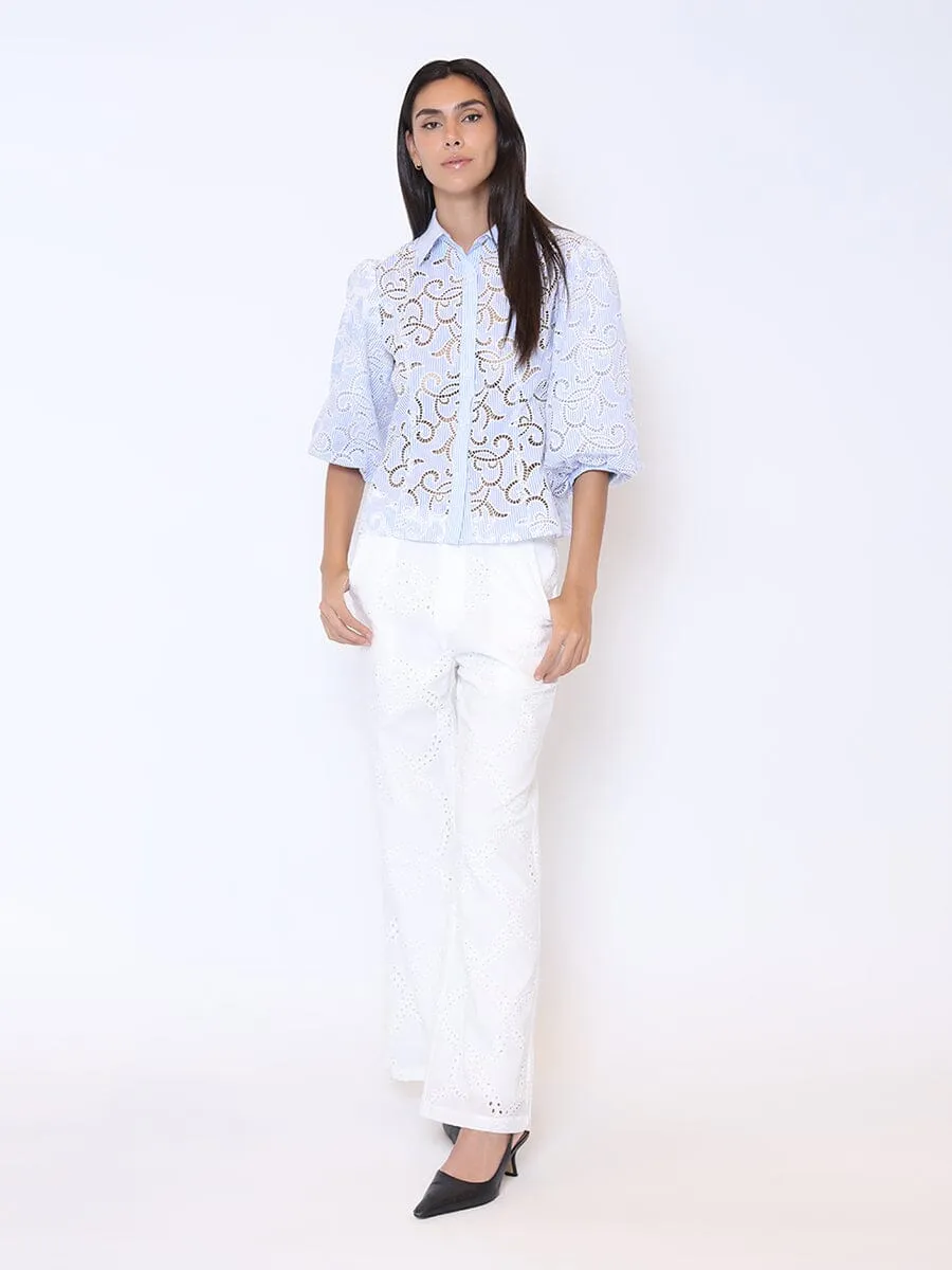 Floral Lace Puff Sleeve Striped Shirt