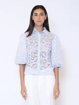 Floral Lace Puff Sleeve Striped Shirt