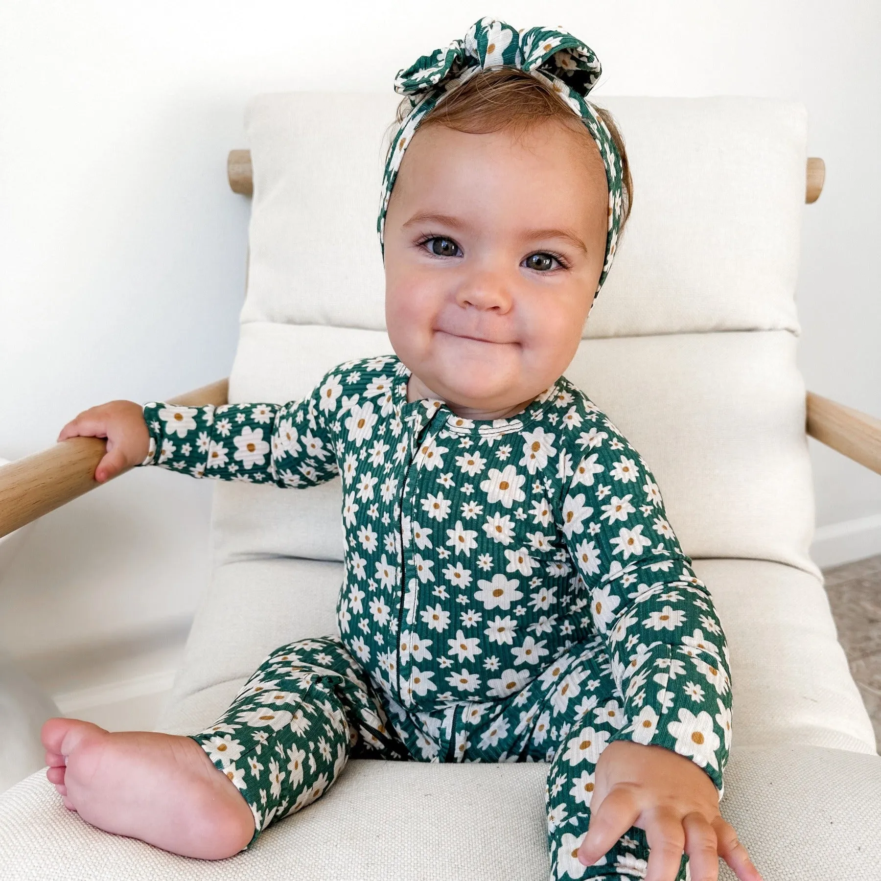 Green Floral Small Ribbed Bow