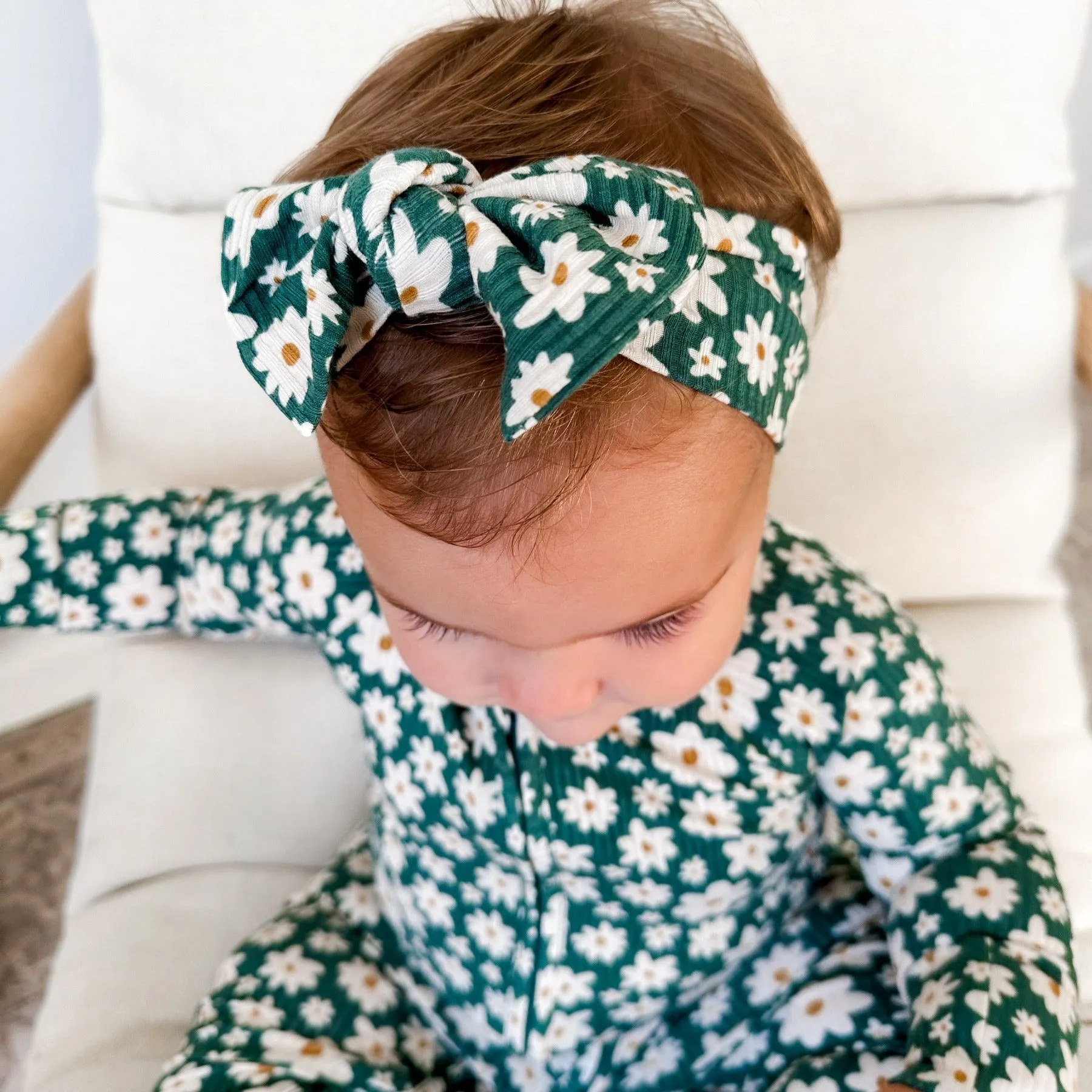 Green Floral Small Ribbed Bow
