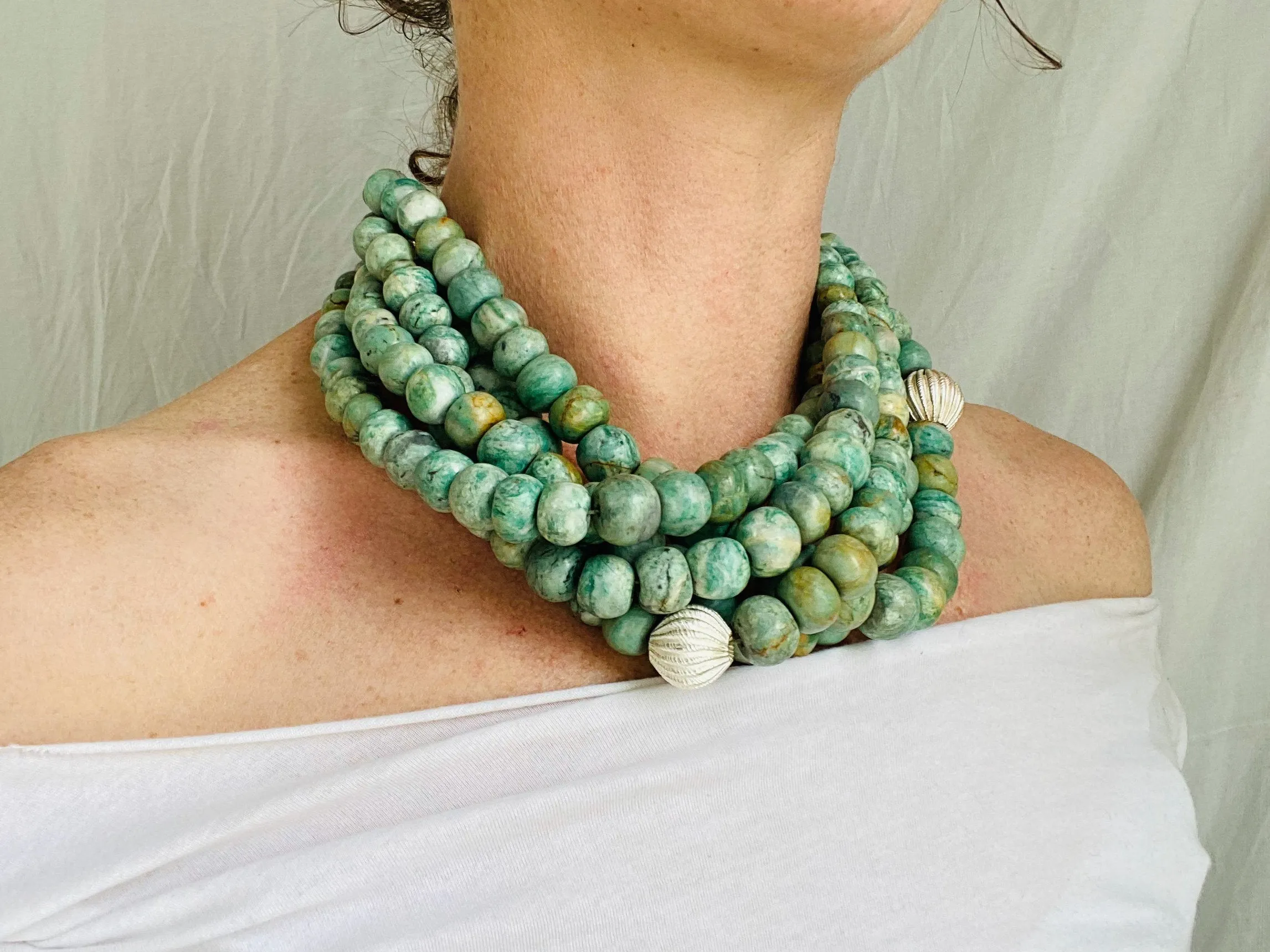 Guatemalita Jade Multistrand Necklace. Sterling Silver.