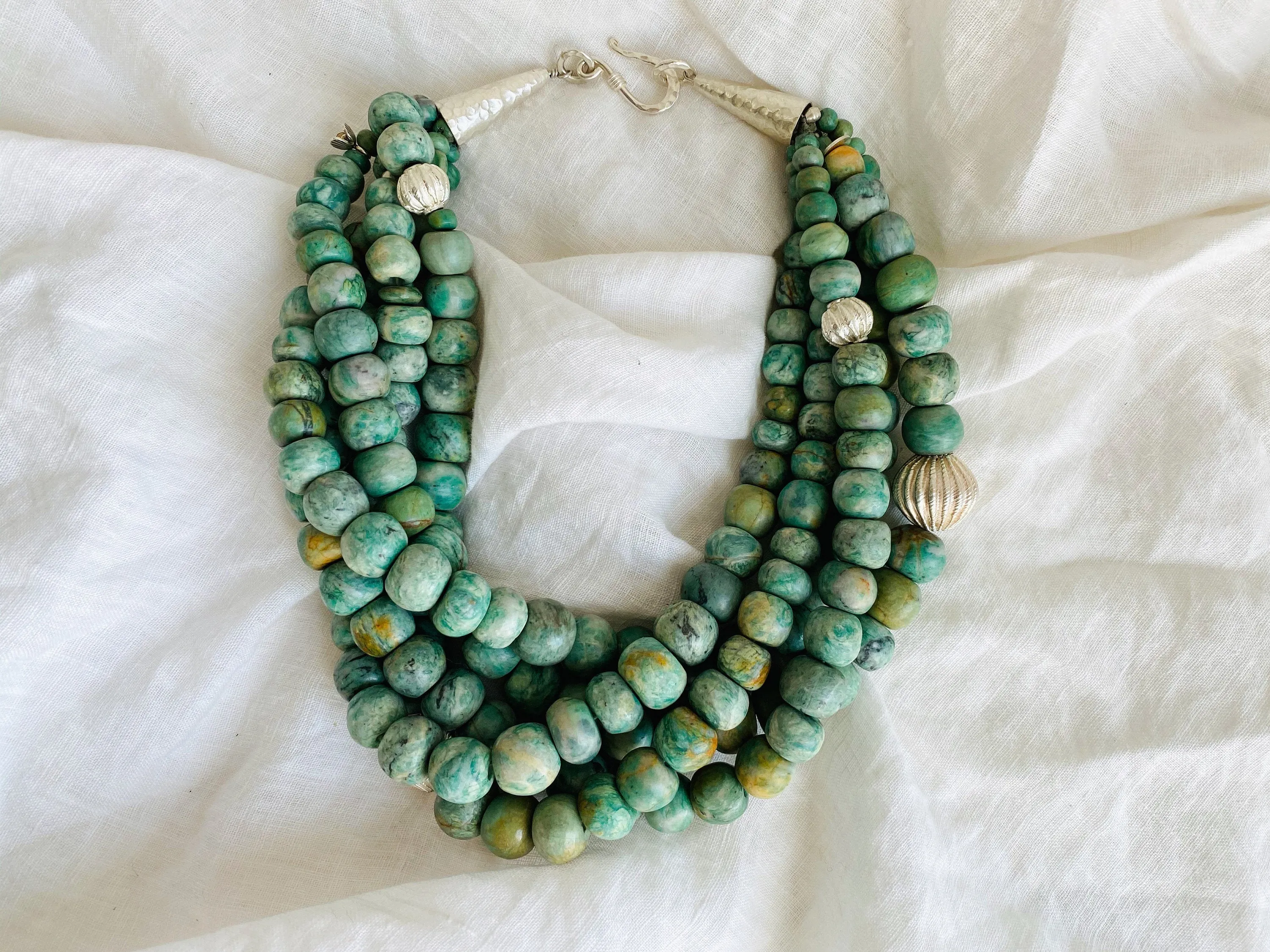 Guatemalita Jade Multistrand Necklace. Sterling Silver.