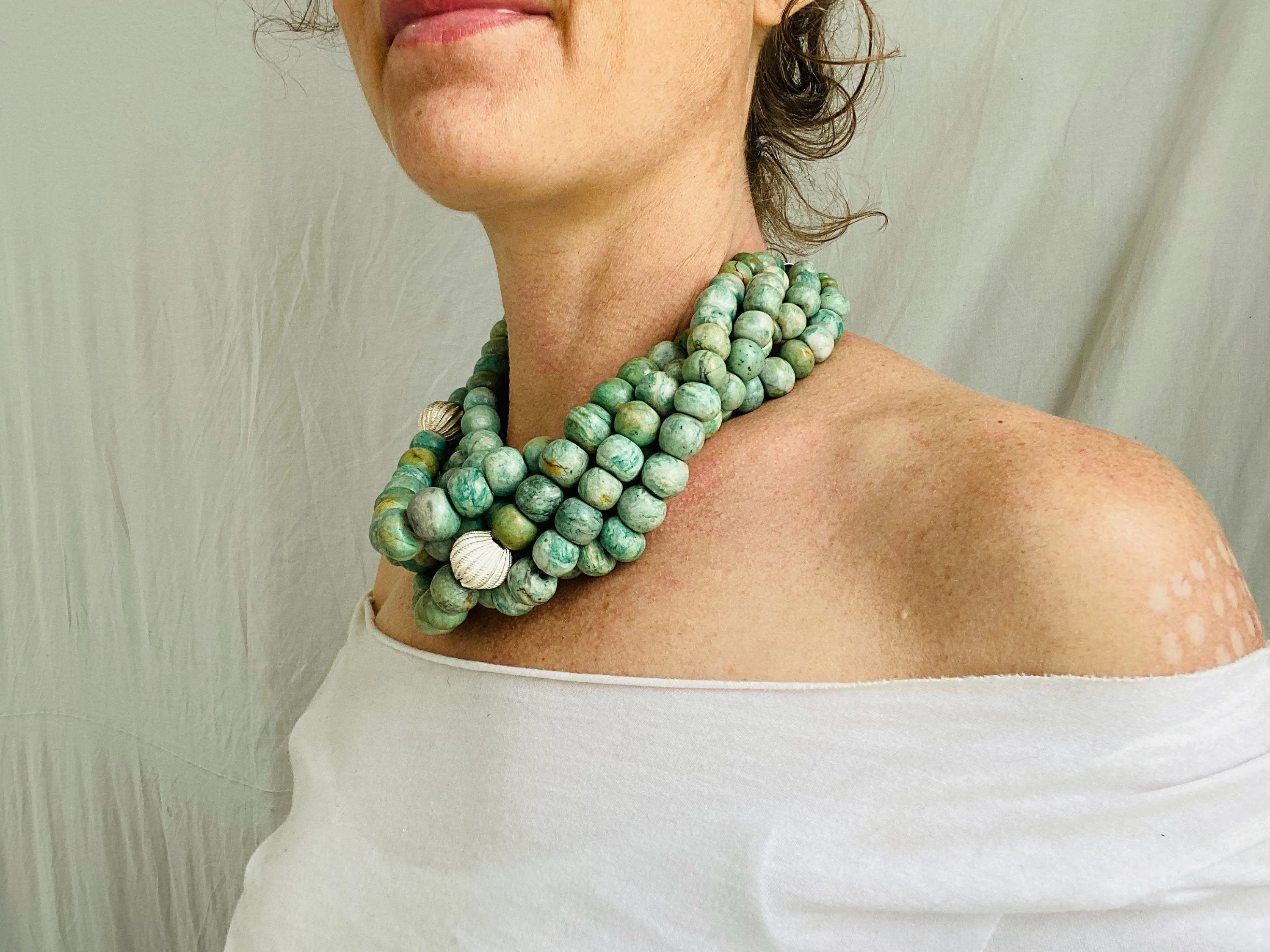 Guatemalita Jade Multistrand Necklace. Sterling Silver.