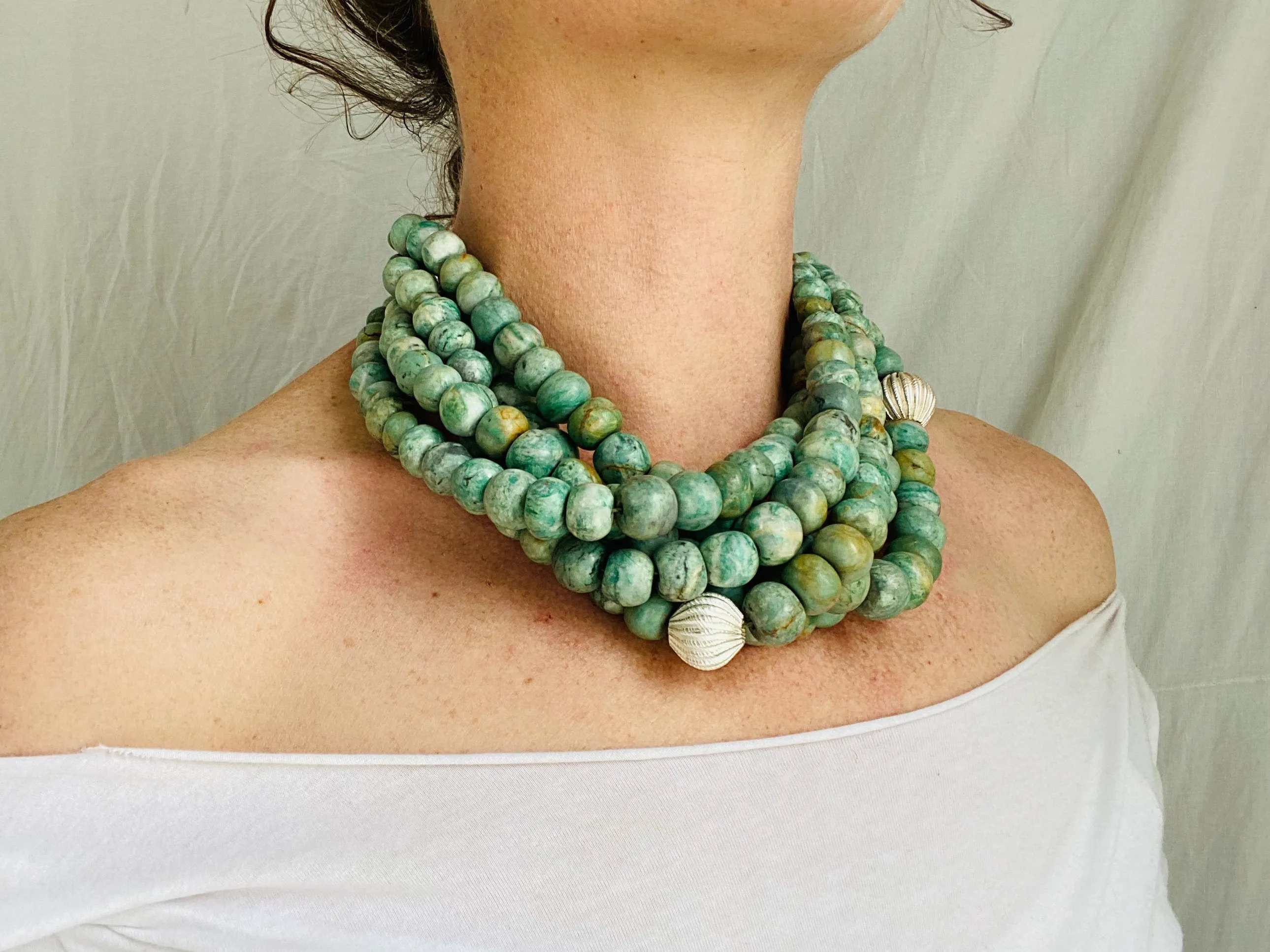 Guatemalita Jade Multistrand Necklace. Sterling Silver.