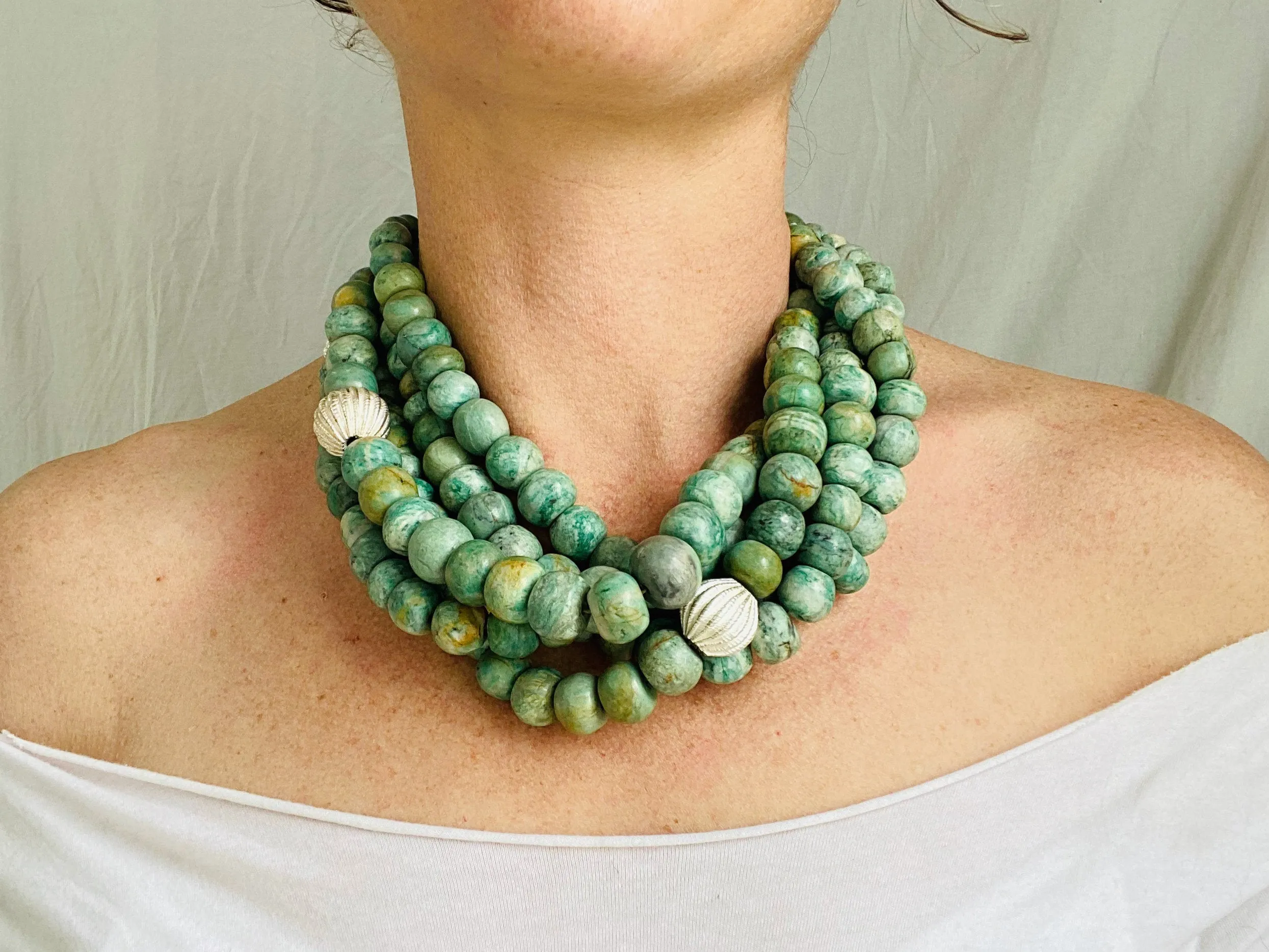 Guatemalita Jade Multistrand Necklace. Sterling Silver.