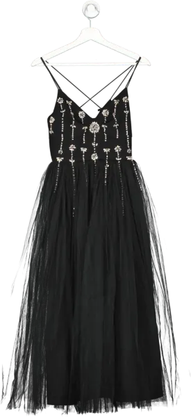 Karen Millen Black Crystal Embellished Tulle Midi Dress UK 6