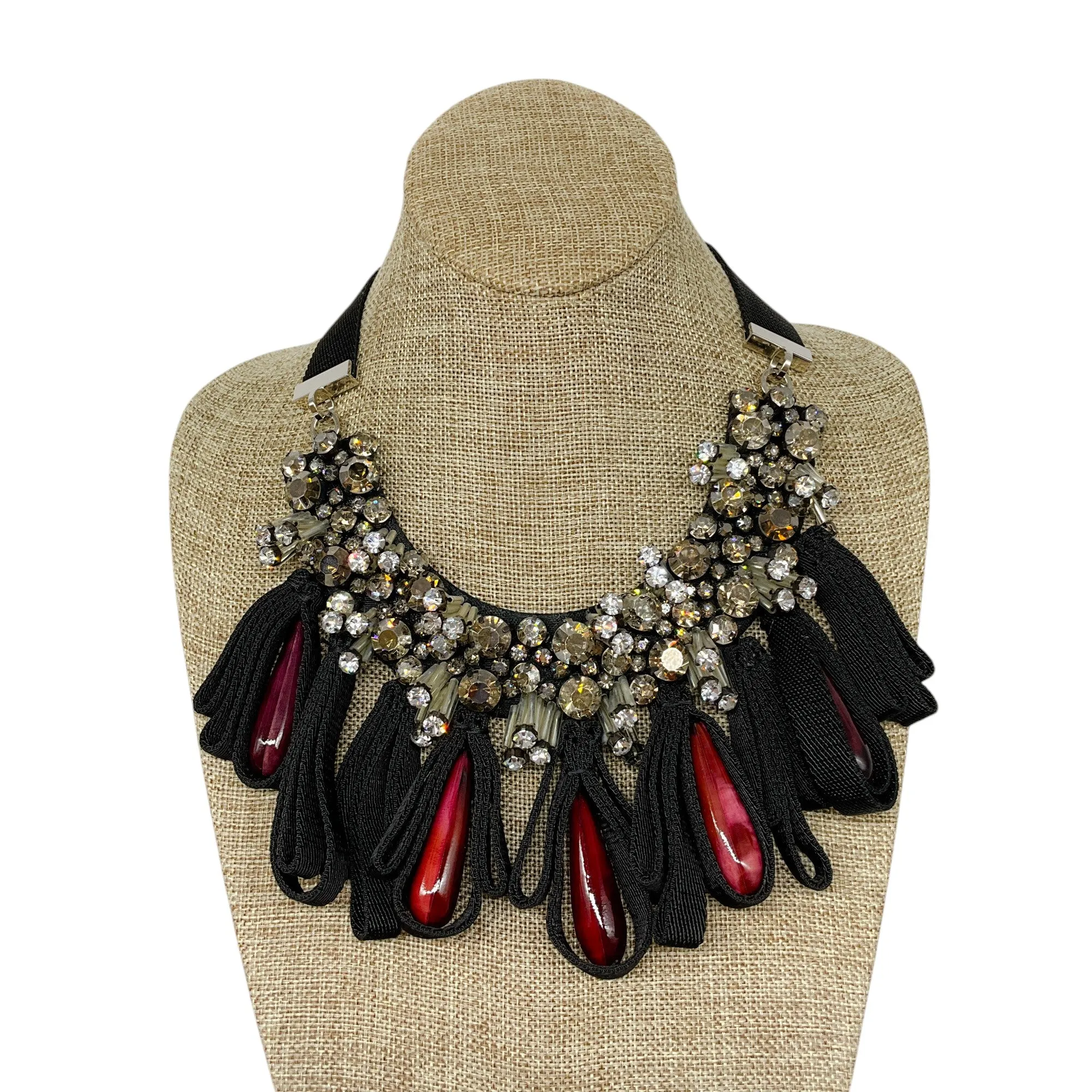 Marni Black / Red Stone Crystal Embellished Ribbon Necklace