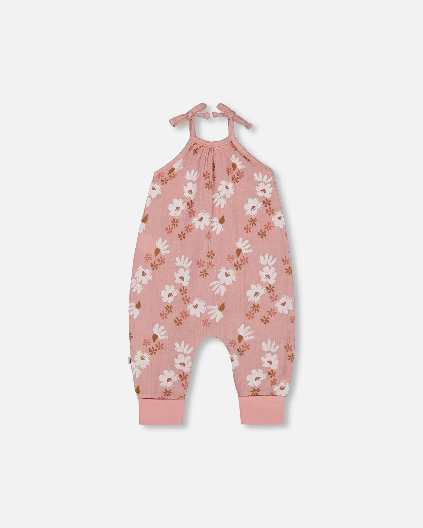Printed Muslin Tie Strap Jumpsuit Pink And White Flowers