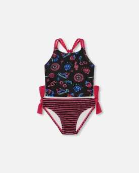 Printed Two-Piece Swimsuit Black And Blue And Pink Items