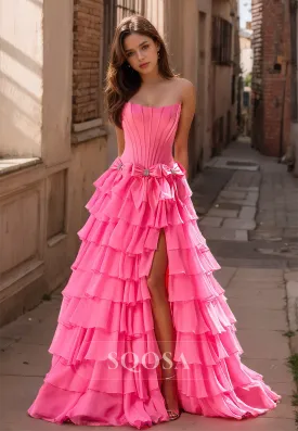 Scoop-Neck Off-Shoulder Sleeveless Beaded Pleated Chiffon Tiered A-Line Prom Dress with Bows