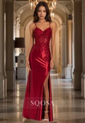 V-Neck Spaghetti Straps Sleeveless Party Gowns Beaded Glitter Applique Mermaid Prom Dress with Slit