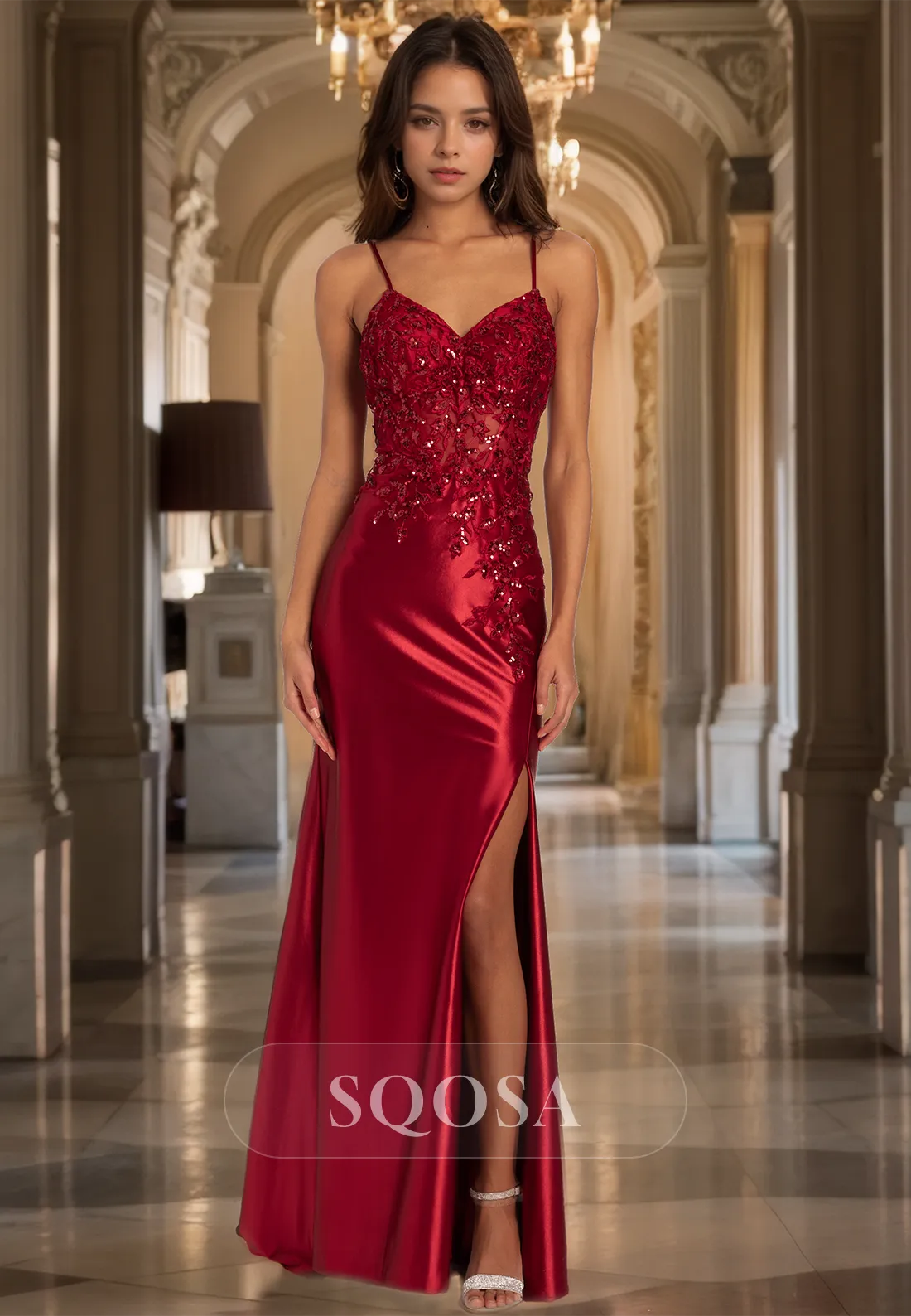 V-Neck Spaghetti Straps Sleeveless Party Gowns Beaded Glitter Applique Mermaid Prom Dress with Slit