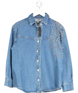 Warehouse Blue Premium Crystal Embellished Sequin Oversized Shirt UK 10